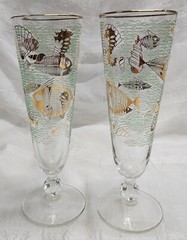 Vintage Set 2 Libbey Marine Life Tall Pilsner Glasses Fish Seahorse Gold Aqua