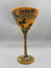 Hand Painted Martini Glass Floral Yellow Rhinestones Dated 2012 Signed