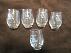 Vintage Roly Poly Clear Libbey stemless Wine Glasses 5 etched «K» 1970’s 6 OZ.