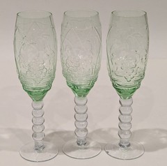3 Vintage Champagne Flute Glass Green Embossed Fruit Design Bubble Ball Stem 8″T