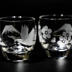 Edo Kiriko Mt. Fuji with Cranes&Cherry Blossoms Cold Sake Glasses Made in Japan