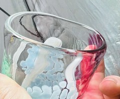 (1) Handblown Confetti Art Glass Blue/Red/Green Glass Short Uneven Tumbler