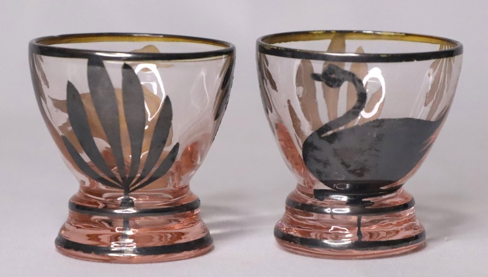 Pair of Vintage Cordial Liqueur Glasses Art Deco Pink Glass Painted Swan