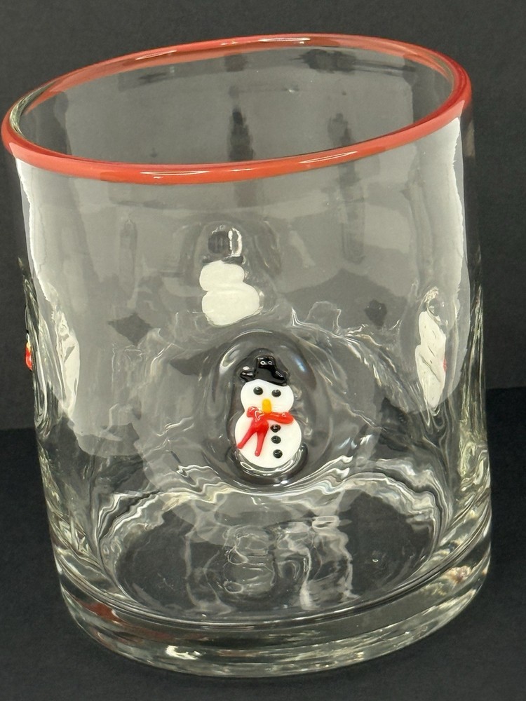 Hand Blown Glass Snowman Tumblers Red Rim Rocks Glasses Art Glass Set of 6