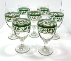 Set of 7 Pfaltzgraff French Quarter Ice Tea Goblets – 16 oz – Green & Gold Band