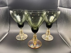 Bryce 894 Smoke Green Goblets Topaz Amber Stem Blown Glass Pear Shape – Set of 3