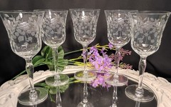 5 Vintage Optic Panel Art Deco Floral & Dangling Dot Cut Wine Glasses Set