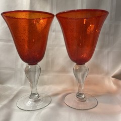 Set of 2 Artland Iris Ruby Red Seeded Bubble Water Goblets with Clear Stem 8”