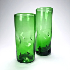 Blenko Dimpled Drinking Glasses Emerald Green MCM Different Heights Vintage
