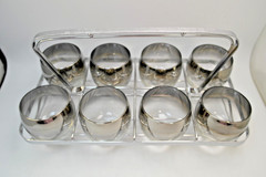 Vintage Roly Poly Glass Set of 8 with Caddy Dorothy Thorpe Style Silver Rim MCM!