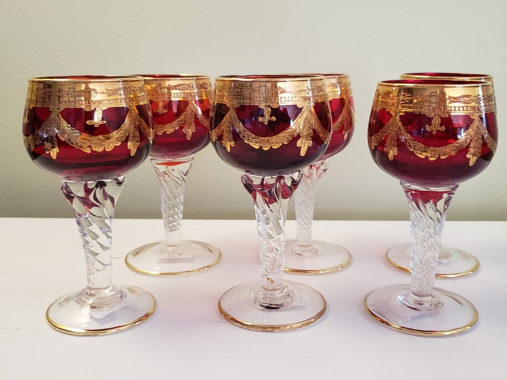 Set 6 Ruby Red Crystal Stemware Gold Painted Design Bohemian Italian 5″ Cordial