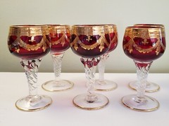 Set 6 Ruby Red Crystal Stemware Gold Painted Design Bohemian Italian 5″ Cordial