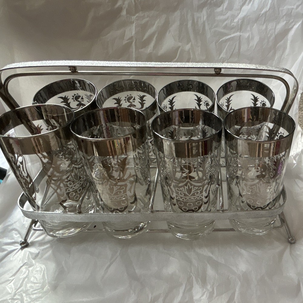 Set of 8 Clear Etched Glass Tumbler Glasses w/ Silver-Tone Rim & Metal Caddy