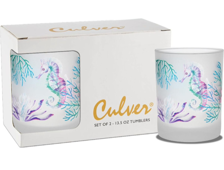 CULVER Set of 2 SEAHORSE Frosted 13.5 oz Double OLD FASHION Glasses DOF