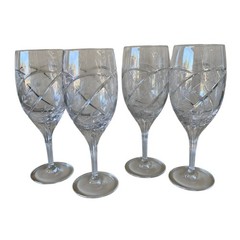 4 Crystal Wine Glasses Etched Crisscross Vine Pattern Water Goblets Stemware