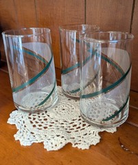 Vintage, MCM Green Swirl/White Ribbed Clear Tumbler , Baird 4.75 In Set Of 3