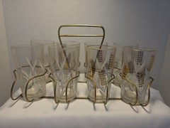 Vintage MCM Libbey Frosted Glass Gold Wheat Tumblers Set of 8 with Carrier