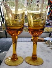 Vintage Set of 2 Handblown Amber Glass Wine Goblets 8.5″ MCM 12 Ounce EUC