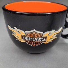 Vintage 2004 Harley-Davidson Hallmark Mug Black Orange Flames Logo Oversized Cup
