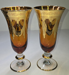 Pair Of Arte Italica Medici Amber Gold Champagne Flutes Goblets Glasses 7.5″ Set
