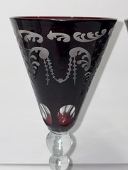 MINT Set Of 2 Crystal Ruby Red Cut To Clear Wine Glasses VTG Etched Window