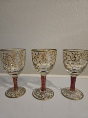 Vtg Set of 3 Pier 1 Jubilee Cordial Glasses Romania Gold Filigree Red Flash 4″