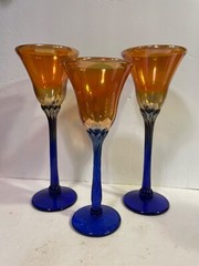 Rick Strini Art Glass Aurene Luster Cobalt Stem Wine Glasses – 3