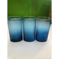 Vintage Cobalt Blue Ribbed Highball Glasses Set of 3 Oval Bottom Tumblers