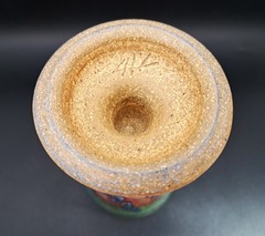 6″ Studio Pottery Chalice Goblet, Red & Green Glaze, Blue Slip-Dots