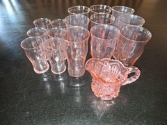 Pink & Clear Glass Tumbler Glasses Set with Small Creamer Pitcher