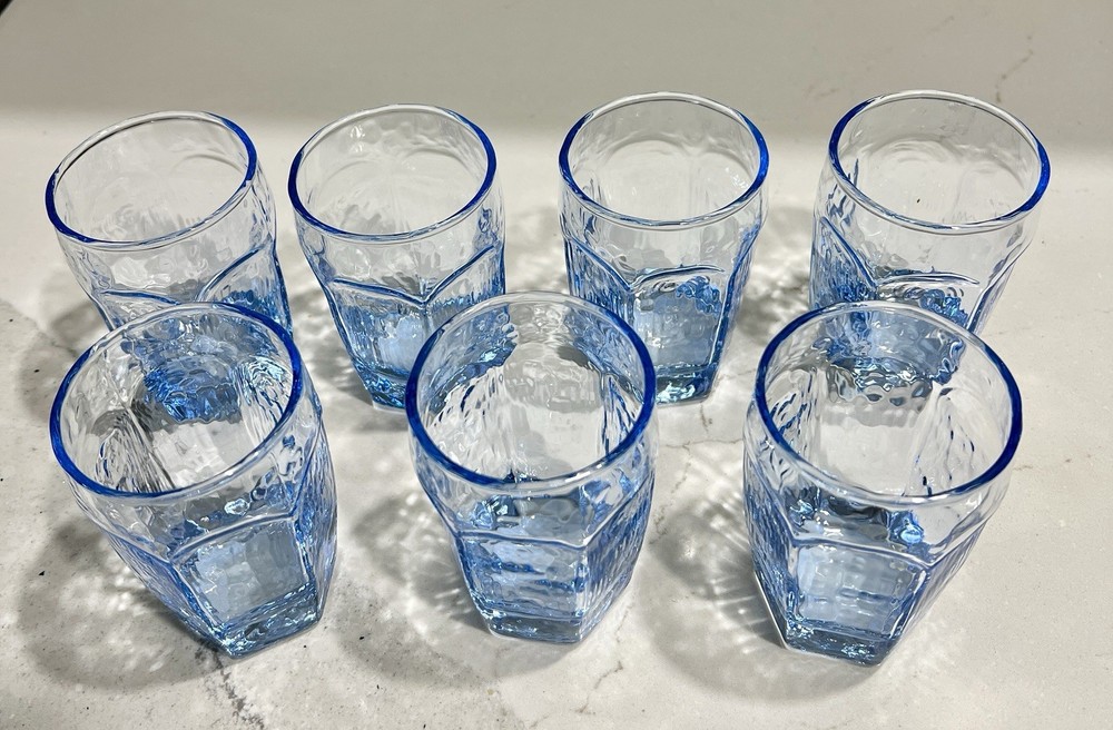 x7 Vtg Libbey Chivalry Lt Blue Juice Glasses Textured Hexagon Panel Signed 3.75″