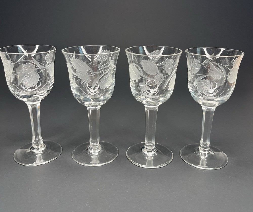 Vintage Etched Crystal Cordial Glasses Floral Faceted Hexagon Stem Set of 4 READ