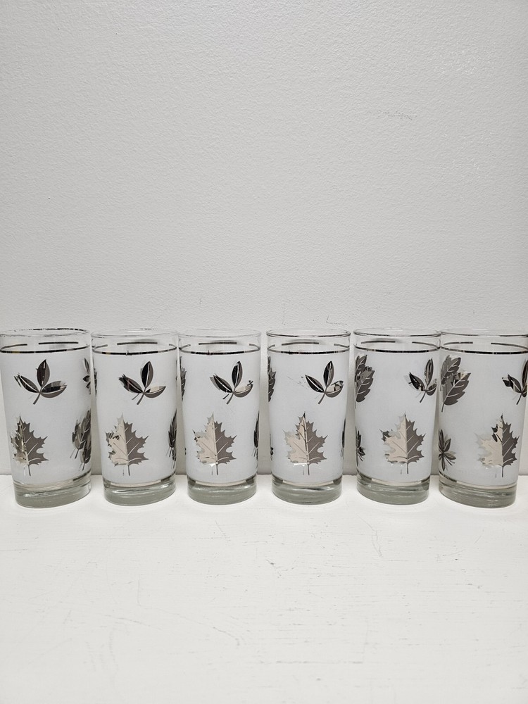 Libbey Frosted 6 Glasses White & Silver Leaf Glass Vintage Barware MCM