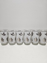 Libbey Frosted 6 Glasses White & Silver Leaf Glass Vintage Barware MCM