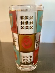MCM Fred Press Highball Glasses Coat of Arms, Turquoise, Pink and Gold, Set of 2