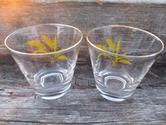2 VINTAGE MCM AUTUMN GOLDEN WHEAT LO-BALL/ON-THE-ROCKS TUMBLES WITH GOLD RIMS.