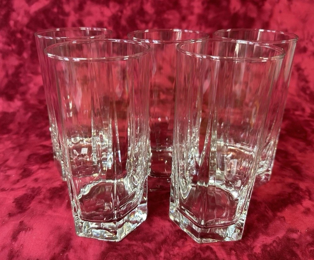 Six Sided Glass Tumblers 6 1/8”. Weighted. Set Of 5. NICE!