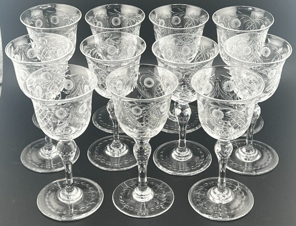 WEBB CORBETT CRYSTAL FLORAL ORNATE SHERRY GLASS SET OF 11