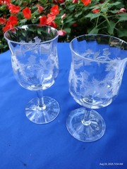 Goblets Thistle Etched Optic Fluted Central Glass Works Set Of 2 c. 1910 Glows