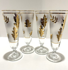 4 Libbey Golden Foilage Pilsner Champagne Glasses Vintage MCM (2 Sets Available)