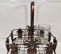 Vintage Metal Beverage 8 Glass Tumbler Holder Caddy Carrier Wood Handle