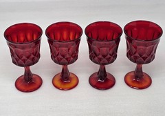 4 Noritake Perspective Ruby Water Goblets Glasses With Thumbprint & Panel Design