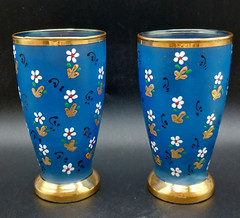 Vintage 5″ Blue Frosted Tumbler Set Hand Painted Enamel Flowers with Gold Trim