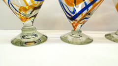 Set Of 4 Heavy Hand Blown Clear W/Blue & Orange Swirl Pattern Glass Goblets 6″