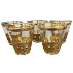 VTG 5-Piece Culver Antigua 22k Gold MCM Barware Old Fashioned Flare Crackle Oval