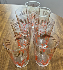 7 – Federal Glass -MCM Red Cattail & Gold Trim Tumblers Drinking Glasses 12 oz