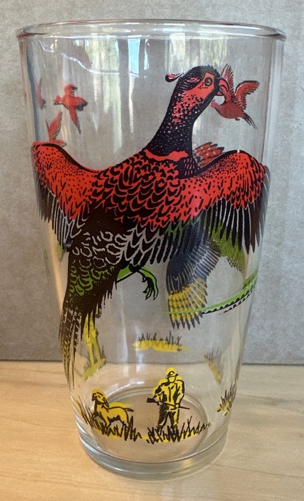 Hazel Atlas Pheasant VTG Glass Tumbler Hunter White Bird Dog Vintage 24 oz 6.6”