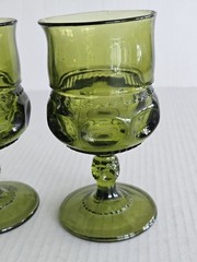 Set/2 Indiana Glass Co King’s Crown Thumbprint Olive Green 5 3/4″ Water Goblets