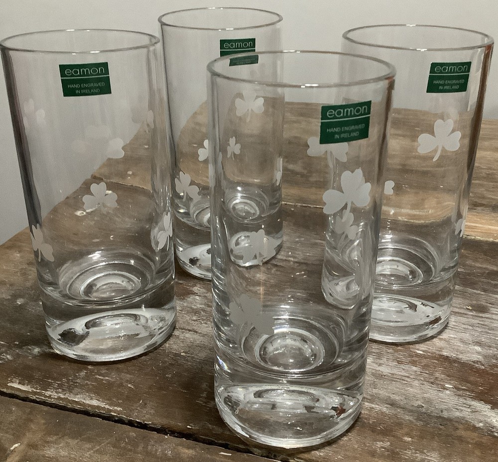 4 Eamon Ireland Glass Shamrock Etched 6” Water Glasses NEW WITH TAGS NWT IRISH