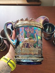 Pretty Blue Dugan Carnival Glass Peacock at the Fountain 7 Piece Water Set